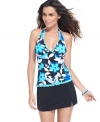 Get set for your getaway with Caribbean Joe's halter tankini top, highlighted by feminine frills.