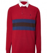 Stylish Eaton red fancy Rugby shirt - Get the updated preppy look in this luxe Rugby shirt - Classic cotton polo style shirt with bold stripes and Polo logo - Wear with chinos and boat shoes for uptown casual - Try with straight leg jeans and trainers