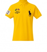 For a modern riff on a venerable classic, try Ralph Laurens big logo polo shirt - Soft yet durable bright yellow pique cotton - Slim, straight cut - Small collar and short button placket - Oversize polo pony logo at chest, numbered sleeve and XL numbered team graphic at back - Hem hangs slightly longer in the back - Casually cool, ideal for everyday leisure - Pair with jeans, chinos or shorts