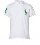 Detailed in breathable and durable cotton mesh, Ralph Laurens big pony polo is a cool modern take on this classic cut style - Small collar, button placket, short sleeves, oversized embroidered polo player at chest, number patch on sleeve, slit sides, high-low hemline - Classic fit - Wear with everything from jeans and sneakers to colored cords and loafers