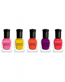 This set includes a range of juicy, bright neon lacquers that complement each other perfectly, so Deborah Lippmann loves the idea of mixing and matching the shades on your fingers and toes. Try wearing a different color on each nail, or paint all of your fingers one shade and keep the ring fingers contrasting. You can create a variety of looks and it's a great way to get into the nail art trend – so don't be intimidated, anything goes! Each of these shades has a modern demi matte finish, which I love. You can keep the texture by using my Flat Top, matte top coat, or top the color with On A Clear Day to add gloss. Your options are endless.Set includes I Kissed A Girl, It Girl, Hollaback Girl, Nasty Girl, Party Girl. Five bottles at 8mL.