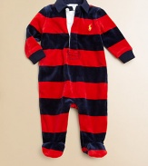 A comfortable footed coverall in plush velour features a preppy rugby stripe and collar for a timeless sporty look.Twill rugby collarLong sleevesButton-frontBottom snapsCotton/PolyesterMachine washImported Please note: Number of buttons/snaps may vary depending on size ordered. 