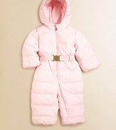 An incredibly warm, down-filled hooded snowsuit is updated for an adorably stylish heritage look with a belted waist and Ralph Lauren crest-engraved metal plaque buckle.Down-filled hoodLong sleevesFull-zip frontBelted waistFully linedShell and lining: PolyesterFill: 60% down/40% waterfowl feathersMachine washImported