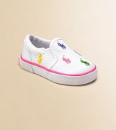 Cute, colorful polo players adorn this slip-on style with a comfy padded insole. Elastic gore detail Cotton upper Polyester lining Imported