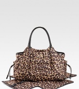 Puffy, channel-quilted nylon in a chic leopard print with patent leather straps and trim.Top zipper Two outside bottle pockets Inside stroller straps Removable changing pad with diaper pockets Two inner bottle pockets Inner back zip pocket and side pockets 18W X 11¾H X 5D Imported