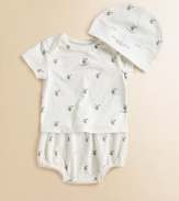 Your newborn's first three-piece set is soft and stylish, printed with the signature knight and comes in its own matching bag.Envelope necklineShort sleevesElastic waistband and leg openingsRibbed hatCottonMachine washImported