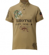 An edgy take on the classic polo, this bold top from Polo Ralph Lauren features embroidered detailing and an asymmetric hem - Spread collar, front button half placket, symbol detailing on shoulder, embroidered dragon patch on chest, front graphic, asymmetrical hem with side rivets - Style with straight leg jeans, trainers, and a leather jacket