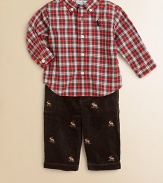 A classic cotton plaid shirt embroidered with a signature pony at the chest is paired with a reindeer-embroidered corduroy pant for a truly festive and preppy set. Shirt Button-down collarLong sleeves with single-barrel cuffsButton-front Pants Button closureRear elasticized waistband with belt loops and D-ring closure beltFaux flyOn-seam pocketsBack welt pocketCottonMachine washImported Please note: Number of buttons may vary depending on