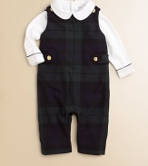 An essential, classic set pairs a preppy plaid overall with a soft cotton jersey bodysuit. Bodysuit Club collarLong sleevesBack snapsBottom snaps Overall SleevelessShoulder straps with adjustable buttonsWaist button tabsBottom snapsCottonMachine washImported Please note: Number of buttons may vary depending on size ordered. 