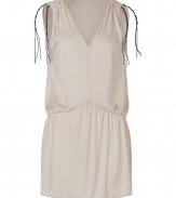 Sumptuous dress of fine cream-colored synthetic fiber - outstanding wonderful quality - fashionable tunic cut, with decorative shoulder design, V-decollete and accentuated tailoring - form fitting, short length - easy style, trendy, sexy - Party time: wear it with a biker jacket and gladiator sandals, or at the beach with slip-on sandals and a straw hat