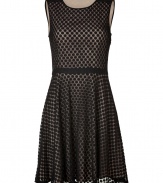 Fun and flirty with an allover dot print, DKNYs fitted and flared sheath is perfect for festive cocktails - Round neckline, sleeveless, hidden side zip, nude underlay - Fitted bodice, full skirt - Wear with heels and a bright clutch