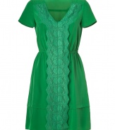 Lend a vintage edge to your workweek looks with Marc by Marc Jacobs sweet lace detailed silk dress - V-neckline, short sleeves, tonal lace front panel, elasticized waistline - Loosely tailored fit - Wear with flats and fun chunky jewelry