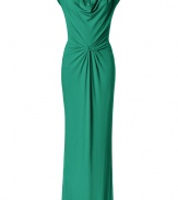 With a cowl neckline and a chic draped silhouette, this figure-flattering gown boasts both comfort sultry appeal - Cowl neckline, cap sleeve, front draped waist, concealed back zip, fishtail back hem - Fitted draped silhouette - Style with statement pumps and a leather clutch