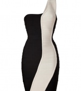 Channel minimalist chic in this Herv? L?ger figure-enhancing bandage dress featuring an on-trend asymmetrical neckline and bold contoured stripe - One-shoulder bodice with seaming details, figure-enhancing bandage panels, back and side seam details, concealed back zip closure - Extra form-fitting - Style with statement heels and a bold bangle