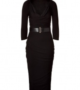 Luxurious dress in fine black rayon stretch - A mega elegant LBD - Stunning, figure-hugging sheath cut, with feminine waterfall neck d?collet? and long, slim sleeves - Waist accentuated, wide belt - Glam draping - The skirt has a typical pencil cut, tight and knee-length - Sophisticated and sexy, stylish and elegant, a dream dress for exciting evening events - Pair with booties, pumps, gladiator sandals