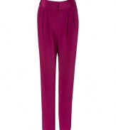 Work a vivid color pop into your luxe tailored look with Sophie Theallets bright purple harem pants, an exquisitely crafted choice with that distinctively French feel - Flat waistband, tonal satin trim throughout, pleated front, side slit pockets, hidden hook closure, printed lining detail - Softly tailored, relaxed fit - Wear with fitted tops, sleek leather accessories, and statement jewelry