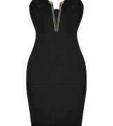 A dramatic evening staple, this hardware accented Herv? L?ger bandage dress makes a bold impact and expertly hugs every curve - Metal trimmed slit neckline, strapless, bandage style, paneled back zip closure - Extra form-fitting - Style with metallic heels and a statement clutch