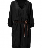 With its exquisitely soft Mulberry silk and rustic woven leather sash, Burberry Brits black dress is a cool way to dress up your daytime looks - V-neckline, bracelet-length sleeves with elasticized cuffs, braided leather front sash, elasticized waistline, side slit pockets - Loosely fitted - Wear with flats and a classic leather tote