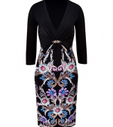 With a soft metallic shimmer and characteristic kaleidoscopic print, Roberto Cavallis printed jersey dress is both eye-catching and exquisite - V-neckline, 3/4 sleeves, blue enamel and white crystal embellished silver-toned brooch detail, pull-over style - Form-fitting - Wear with metallic pumps and a bright leather clutch