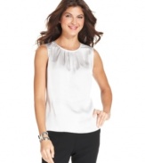 A satiny fabric and soft pleating at the neckline make this petite shell from Jones New York a versatile favorite for creating workday looks.