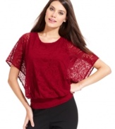 Adorned with a sheer paisley-lace overlay, Alfani's petite blouson top is a feminine addition to your wardrobe.