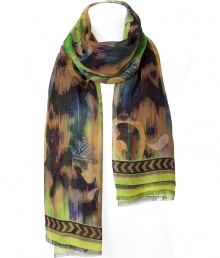 Luxurious scarf in a fine, lime modal-cashmere blend - Elegant multi color print, typical of Matthew Williamson - Wonderfully light and classy material - Beautifully long and wide - A dream accessory, sophisticated, trendy, super nice to wear - Ingenious upgrade for simple looks - Styling: for a chic shift dress, business blouse, biker outfit