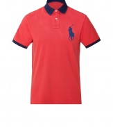 A modern update of the classic polo shirt, this stylish iteration will be a go-to casual basic - Contrasting spread collar and cuffs, front button half placket, large logo detail, asymmetrical hem, side vent - Style with chinos, boat shoes, and a cashmere cardigan