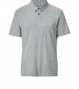 Stockpile on everyday-favorite essentials starting with James Perses perfectly broken-in polo in cool grey heather - Destroyed detailing throughout, breast pocket, classic polo cut - Whether worn alone, under a pullover, cardigan, or blazer, with chinos or cords, this soft cotton shirt is an all-season staple