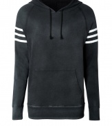 Must-have cotton pullover sweatshirt for your casual looks - Designed in classic shape with hood, drawstrings, long sleeves with cuffs and pouch pocket at front - Vintage look with a worn black wash - Features contrasting bars at arms for subtle sporty style - Great layering piece also works solo - Pair with jeans, athletic pants or shorts