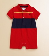 Colorful stripes update the classic polo shortall in breathable cotton mesh.Ribbed polo collarShort sleevesButton frontBottom snaps for easy on and offCottonMachine washImported Please note: Number of buttons/snaps may vary depending on size ordered. 