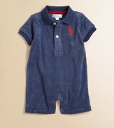 The iconic polo shortall is updated in ultra-soft and plush terrycloth and accented with big pony embroidery.Ribbed polo collarShort sleevesFront button placketBottom snapsCottonMachine washImported Please note: number of snaps may vary depending on size ordered. 