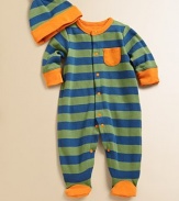 Bold stripes and contrasting trim jazz up this snuggly little one-piece with matching hat.CrewneckLong sleevesFront snapsFront patch pocketBottom snaps along inner legsCottonMachine washImported Please note: Number of snaps may vary depending on size ordered. 