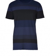 Colorblocked with thick and thin stripes, Marc by Marc Jacobs crewneck cotton tee is a cool choice for casual looks - Round neckline, short sleeves - Slim straight fit - Wear with jeans, a cardigan and winter boots