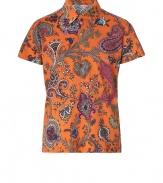 Work an iconic paisley into your poolside look with Etros bright orange-multi printed polo - Classic collar, short sleeves, partial button placket, side slits - Slim fit - Wear over swim trunks with bright leather flip-flops