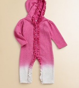 Soft, plush French terry and a cozy hood keep your little girl comfy and warm, detailed with sweet ruffles in an ombré heather knit.Attached hood with ruffled trimLong slightly puffed sleevesRuffled snap placketRuffled snap legs63% cotton/37% polyesterMachine washMade in USA Please note: Number of snaps may vary depending on size ordered. 