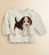 A pretty crewneck with a cute puppy intarsia knit at the front, a slight puff to the sleeves and a pointelle-knit hem.Ribbed crewneckLong sleevesShoulder buttonsScalloped cuffs and hemCottonDry cleanImported Please note: Number of buttons may vary depending on size ordered. 