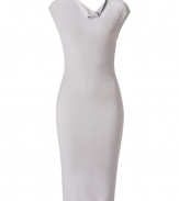 Luxurious dress in a fine ice grey rayon-wool blend - Wonderfully soft and flattering jersey quality, particularly comfortable thanks to the stretch content - A modern classic from the Donna Karan Collection - A smashing dress with very elegant, figure-flattering d?collet? draping - Short cap sleeves - Slim, carved to the body, with a sexy waist - Classic, just above the knee pencil length - A very special dress for very special occasions from cocktail parties to business appointments - A favorite dress for style-conscious fashionistas - Wear with exclusive pumps or booties