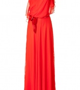 Glamorous evening gown in red silk - Feminine, elegant one-shoulder toga style - Decorative tie belt - The cut: slim and figure-enhancing, the skirt lays in folds and is floor length - Mega elegant, more refined and luxurious than an obviously sexy look - Wear with gold or silver sandals and a suitable evening clutch