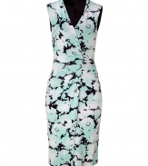 Luxe sleeveless dress in fine, viscose jersey stretch blend - Elegant mint and black color combination - Feminine floral motif - Slim silhouette tapers gently at waist - Wrap-style pencil skirt hits just above the knee - Fitted bodice with ruched waist and V-neck - Polished style is perfect for parties, cocktails and evenings out - Pair with sandals and a light cardigan or style with open-toe pumps and a cropped leather jacket