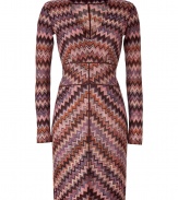 Classically Missoni, this super flattering retro-inspired frock is a new season must-have - V-neck, long sleeves, fitted bodice, wide waistband, A-line skirt, front and back seaming detail, all-over zigzag print - Pair with a chunky knit cardigan and high heel booties