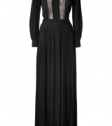 Make a dramatic evening debut in By Malene Birgers floor-lengh pleated black silk gown, complete with trend-favorite lace panels for a lady-chic edge of after-hours elegance - Rounded neckline, long sleeves, buttoned cuffs, tailored waistline, sheer back, buttoned key-hole cut-out at nape - Finish with platform sandals and a clutch