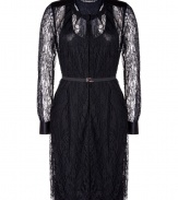 Inject dark glamour into your evening look with By Malene Birgers delicate lace dress - Rounded neckline, long sleeves, buttoned satin cuffs, epaulette detail, partial button-down front,  elasticized belted waistline, full racer-back lining - Tailored feminine fit - Team with flawless pumps and jet black accessories