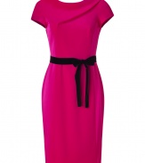 Take notes from the First Lady herself in Paule Kas seriously stylish fuchsia satin and crepe sheath dress, pulled together with a rich black velvet sash for exquisite results tailored to your most elegant events - Rounded neckline, cap sleeves, diagonal drape across the top, satin side panels, black velvet self-tie sash, side belt loops, V-back with hidden zipper closure - Softly tailored fit, knee-length - Team with a dusting of fine jewelry and statement heels