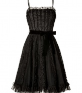 The ultimate party frock teaming with feminine frills, Valentino R.E.D.s ruffle trimmed dress is perfect for your most festive affairs - Straight neckline with ruffled trim, adjustable spaghetti straps, velvet self-tie sash, belt loops, hidden side zip, ruffled trim around the hemline - Fitted bodice, full flared skirt - Wear with statement heels and a shimmering metallic box clutch