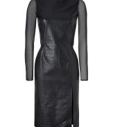 Edgy and exquisite with its jet black croco embossed lambskin, Emilio Puccis mixed-media dress is a glamorous way to wear the leather trend to your chic evening events - Straight neckline in front, V-neckline in back, sheer silk long sleeves, front slit, hidden back zip, covered buttons down the back - Form-fitting - Team with statement heels and a clutch for cocktails