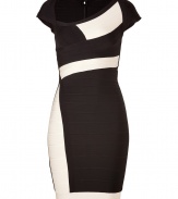 Make a striking after-dark debut in Herv? L?gers eye-catching black and ivory paneled sheath - Asymmetrical neckline, cap sleeves, d?colletage-enhancing at bust, bandage style with figure-hugging multi-panels, concealed back zip closure - Extra form-fitting - Style with platform pumps and a statement clutch