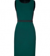 Alluring with its black satin and rich green coloring, DKNYs sleeveless sheath dress lends a festive edge to work and cocktail looks alike - Round neckline, sleeveless, black satin trim, hidden back zip - Tailored fit - Wear with a blazer and pointy toe pumps