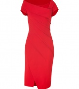 Detailed in shocking red with a contemporary asymmetrical cut, this structured jersey dress from Donna Karan gives day and evening looks alike an ultra glamorous edge - Asymmetrical neckline and cap sleeves, diagonal seaming, hidden side zip, diagonal front slit - Form-fitting - Wear with sparkly fine jewelry and sleek pointy toe pumps