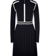 Perfect for taking from work to cool weather cocktails, Marc by Marc Jacobs two-tone sweater dress is as versatile as it is chic - Round neckline, long sleeves, layered cream trim, hidden back zip - Fitted top, full skirt - Wear with sleek pumps and a carryall tote to work