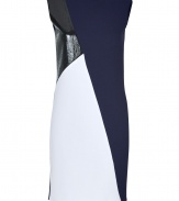 With a graphic mix of texture and color, Roksanda Ilincics mixed-media sheath is a contemporary choice for both day and evening alike - Boat-neckline, sleeveless, coated black panel, navy and white crepe panels, full exposed metal two-way back zip - Tailored fit - Wear with heels and statement chunky jewelry